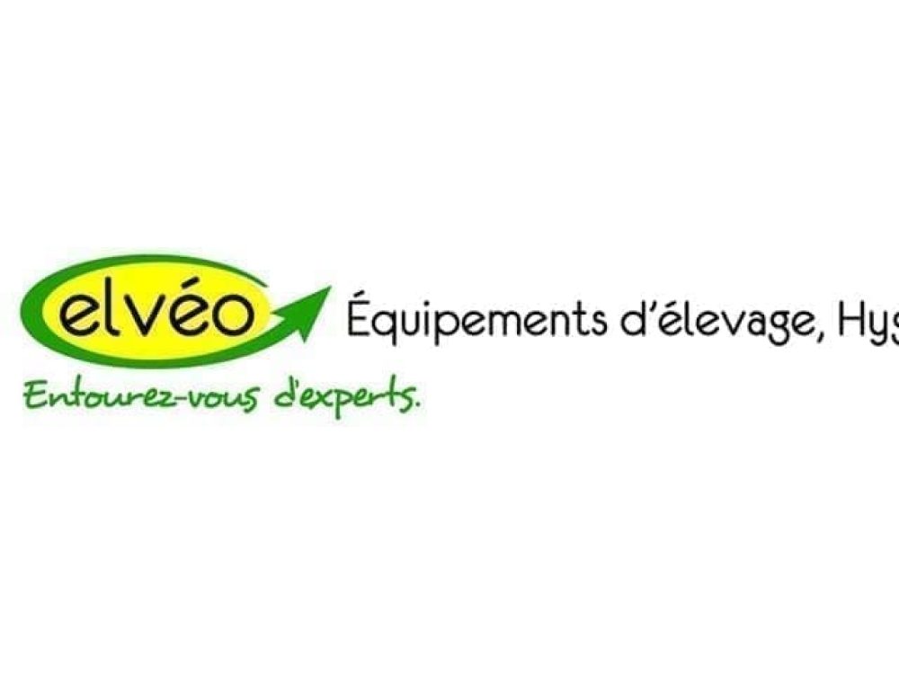 Elveo logo for livestock equipment and hygiene, a LANDMECO partner, featuring a green and yellow oval design.