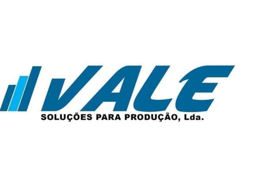 Blue logo for VALE Soluções Para Produção, Lda. featuring slanted bars and bold blue typography.